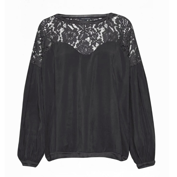 French Connection Lassia Cupro Lace Yoke Top Knit Sweater Black Small S - Picture 1 of 6